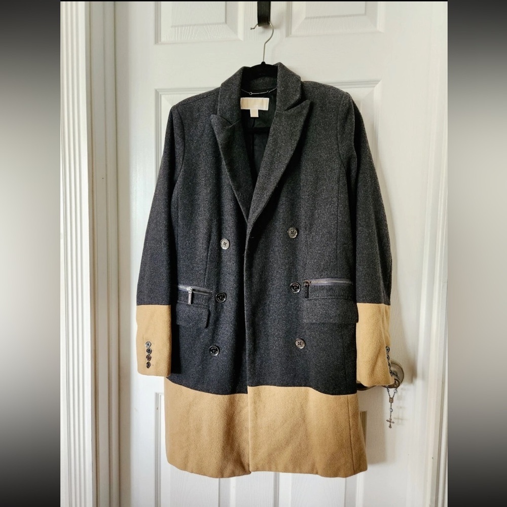 Michael Kors Wool Blend Long Coat Trench Double Breasted Camel Gray Size 8